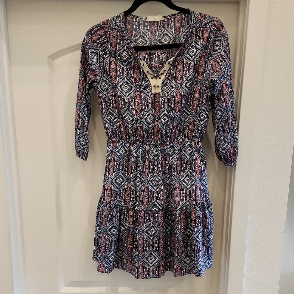 Peach Love California Geometric Navy Blue and Hot Peach Dress